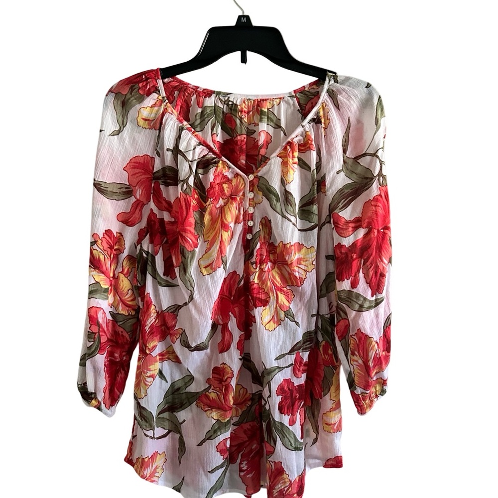 Chaps 100% Cotton White Floral Tropical Vacation Top Blouse - Picture 4 of 11